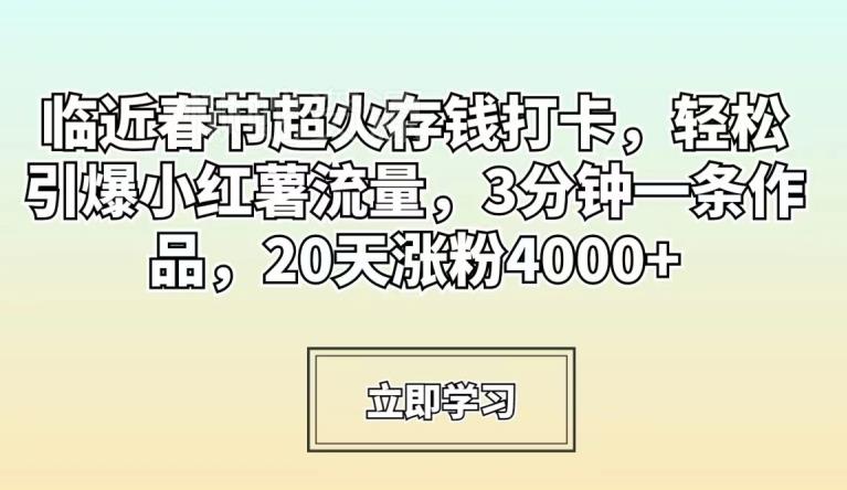 临近春节超火存钱打卡，轻松引爆小红薯流量，3分钟一条作品，20天涨粉4000+【揭秘】