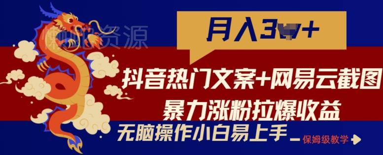 抖音热门文案+网易云截图暴力涨粉拉爆收益玩法,小白无脑操作,简单易上手【揭秘】