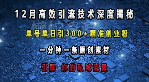 最新高效引流技术深度揭秘 ，单号单日引300+精准创业粉，一分钟一条原创素材，引爆你的私域流量