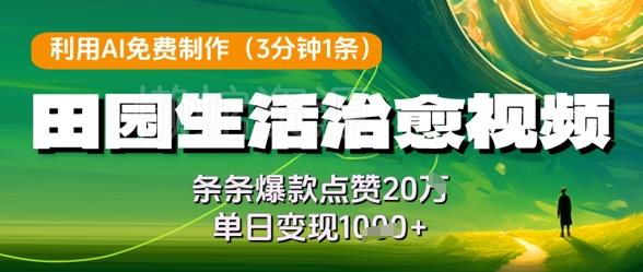 利用AI免费制作田园生活治愈视频,条条爆款点赞20W,单日变现几张