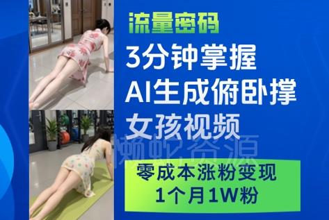 3分钟掌握AI生成俯卧撑女孩视频,零成本涨粉变现,1个月1W粉