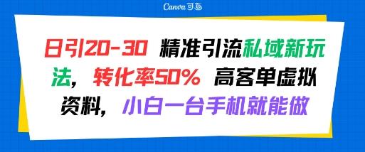 日引 20-30 精准引流私域新玩法,转化率50% 高客单虚拟资料,小白一台手机就能做
