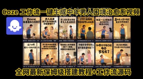 coze工作流一键生成”中年男人困境扎心高涨粉高播放量图文视频”保姆级拆解教程，无需剪辑，无需拍摄写文案