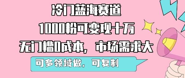 冷门蓝海赛道,1000粉可变现十W,无门槛0成本,市场需求大,可多领域做,可复制性强