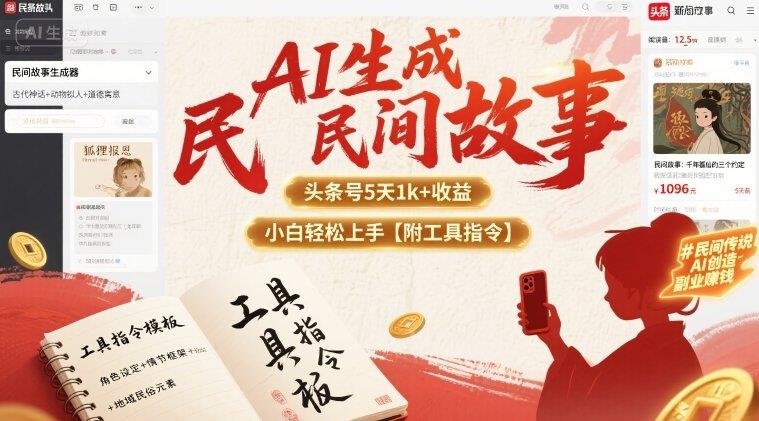 AI生成民间故事,头条号5天1k+,小白轻松上手【附工具指令】