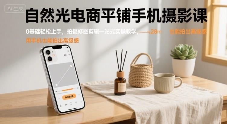 自然光电商平铺手机摄影课,0基础轻松上手,拍摄修图剪辑一站式实操教学,用手机也能拍出高级感