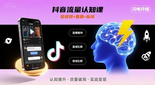 抖音流量认知课,短视频+直播+私域,认知提升,闪电开悟