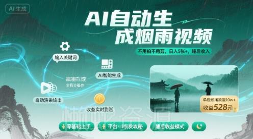 不用拍不用剪!AI自动生成烟雨视频,日入5张+,睡后收入