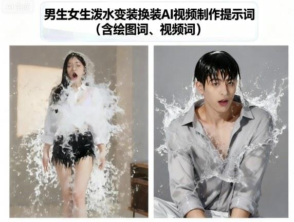 男生女生泼水变装换装AI视频制作提示词(含绘图词、视频词)