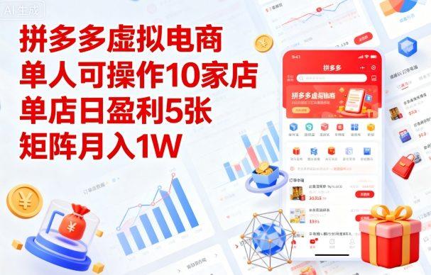 拼多多虚拟电商，单人可操作10家店，单店日盈利5张，矩阵月入1W+【揭秘】