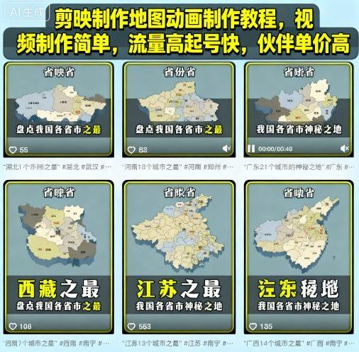 剪映制作地图动画制作教程,视频制作简单,流量高起号快,伙伴单价高