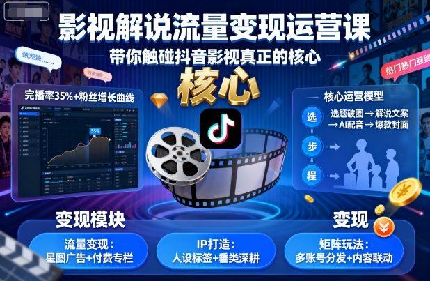 影视解说流量变现运营课,带你触碰抖音影视真正的核心