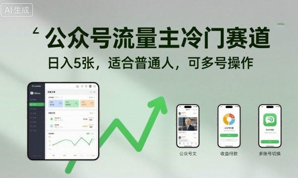 公众号流量主冷门赛道,日入5张,适合普通人,可多号操作