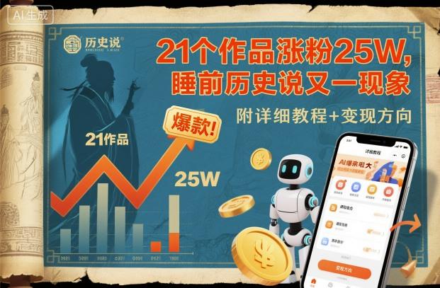 21个作品涨粉25W，睡前历史说又一现象级AI内容大爆款来啦，附详细教程+变现方向