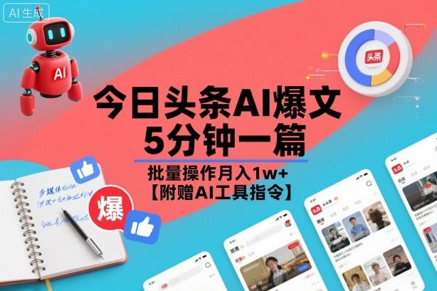 今日头条AI爆文,5分钟一篇,批量操作月入1w+【附赠AI工具指令】