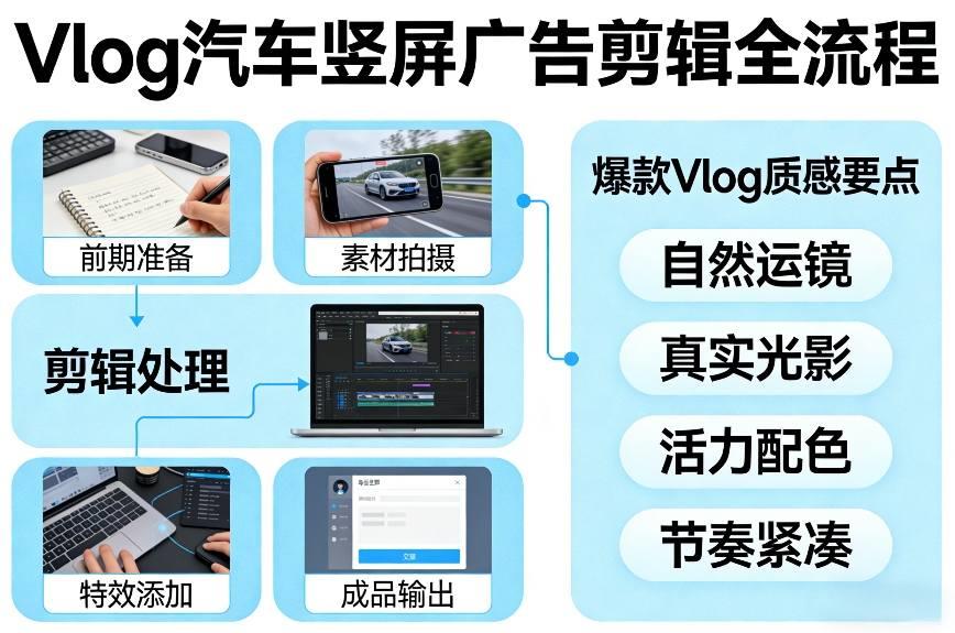 Vlog感觉汽车竖屏广告剪辑脚本全流程,拿捏爆款Vlog质感
