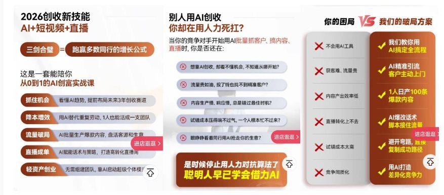 2026创收新技能AI+短视频+直播,用AI爆改生意,这是一套能陪你从0到1的AI创富实战课