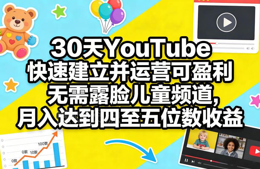 30天YouTube快速建立并运营可盈利无需露脸儿童频道，月入达到四至五位数收益