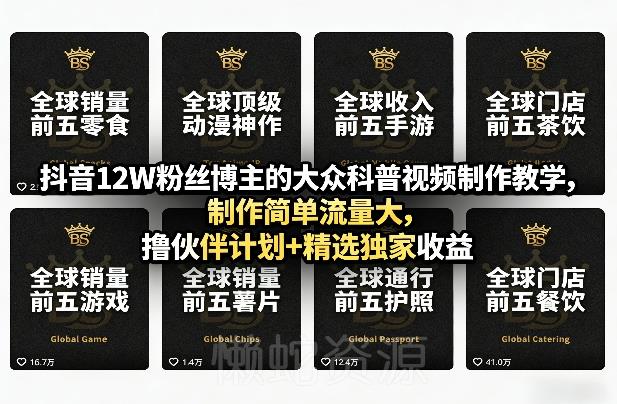 抖音12W粉丝博主的大众科普视频制作教学,制作简单流量大,撸伙伴计划+精选独家收益