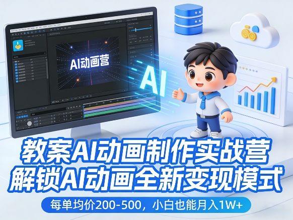 教案AI动画制作实战营，解锁AI动画全新变现模式，每单均价200-500，小白也能月入1W+