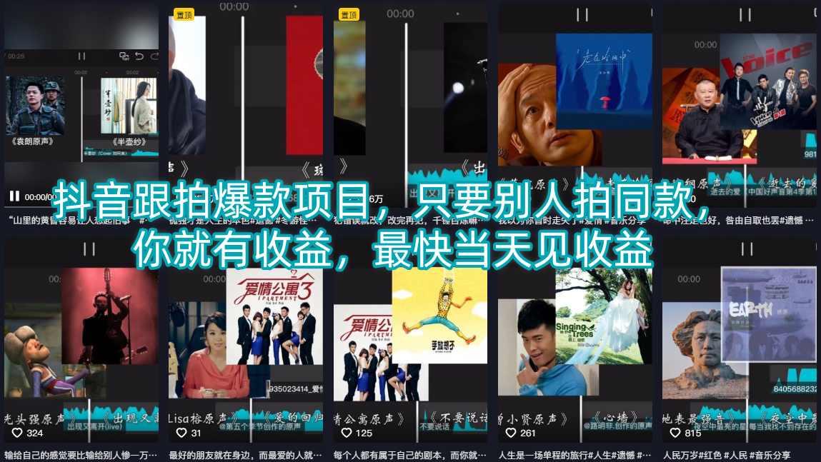 抖音跟拍爆款项目,只要别人拍同款,你就有收益,最快当天见收益