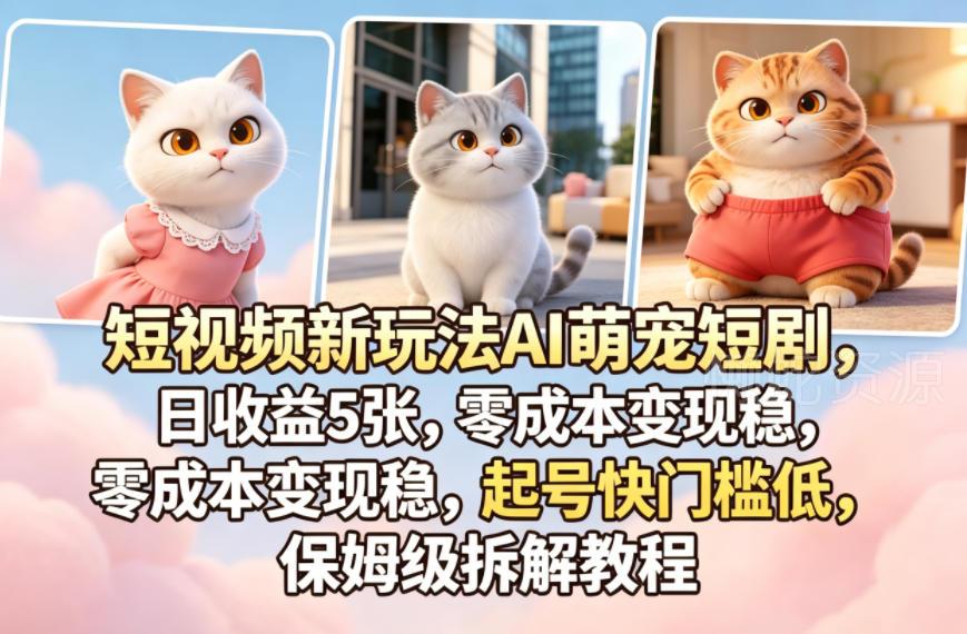 短视频新玩法AI萌宠短剧,日收益5张,零成本变现稳,起号快门槛低,保姆级拆解教程