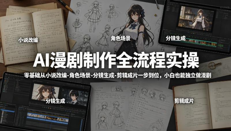 AI漫剧制作全流程实操，零基础从小说改编-角色场景-分镜生成-剪辑成片一步到位，小白也能独立做漫剧