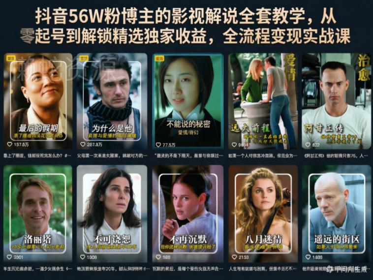 抖音56W粉博主的影视解说全套教学,从零起号到解锁精选独家收益,全流程变现实战课