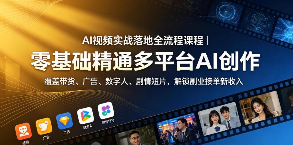 AI视频实战落地全流程课程｜零基础精通多平台AI创作，覆盖带货、广告、数字人、剧情短片，解锁副业接单新收入