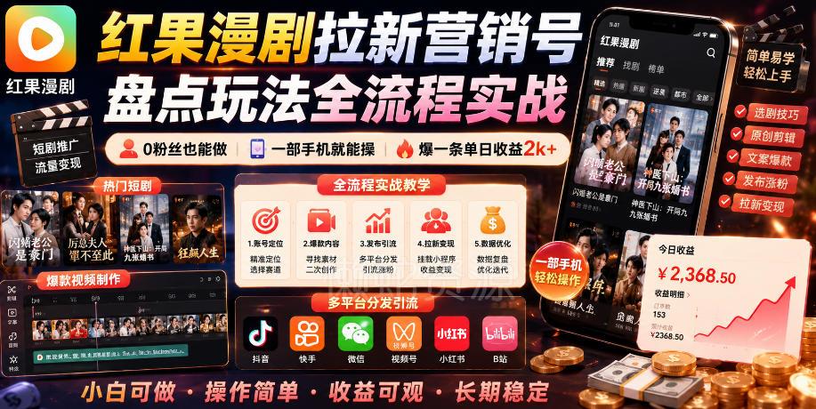红果漫剧拉新营销号盘点玩法全流程实战,0粉丝也能做,一部手机就能做,爆一条单日收益2k+