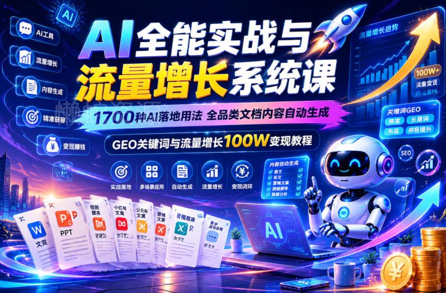 AI全能实战与流量增长系统课,1700种AI落地用法,全品类文档内容自动生成,GEO关键词与流量增长100W变现教程
