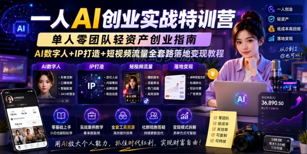一人AI创业实战特训营，单人零团队轻资产创业指南，AI数字人+IP打造+短视频流量全套路落地变现教程