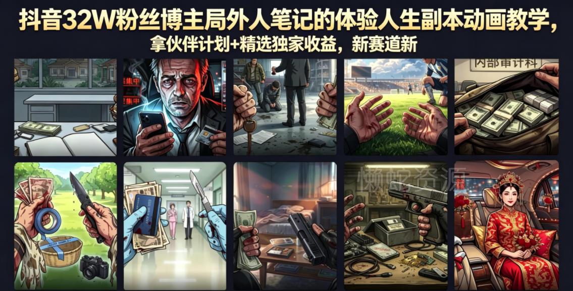 抖音32W粉丝博主局外人笔记的体验人生副本动画教学,拿伙伴计划+精选独家收益,新赛道新涨粉快【录制版】