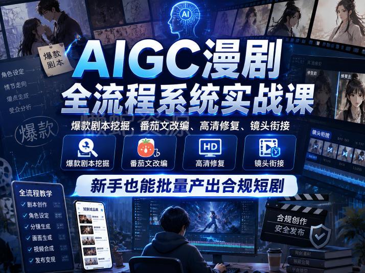 AIGC漫剧全流程系统实战课,爆款剧本挖掘、番茄文改编、高清修复、镜头衔接,新手也能批量产出合规短剧