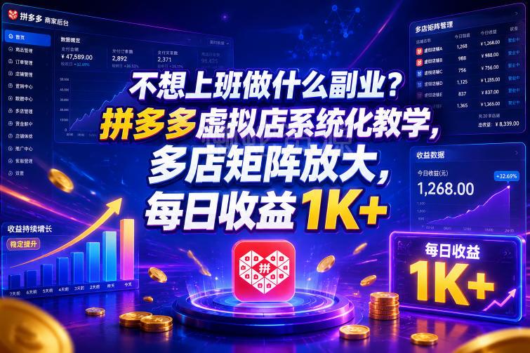 不想上班做什么副业?拼多多虚拟店系统化教学,多店矩阵放大,每日收益1K+【揭秘】