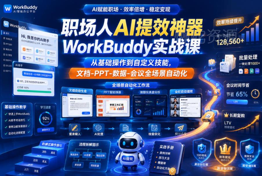 职场人AI提效神器WorkBuddy实战课,从基础操作到自定义技能,文档-PPT-数据-会议全场景自动化
