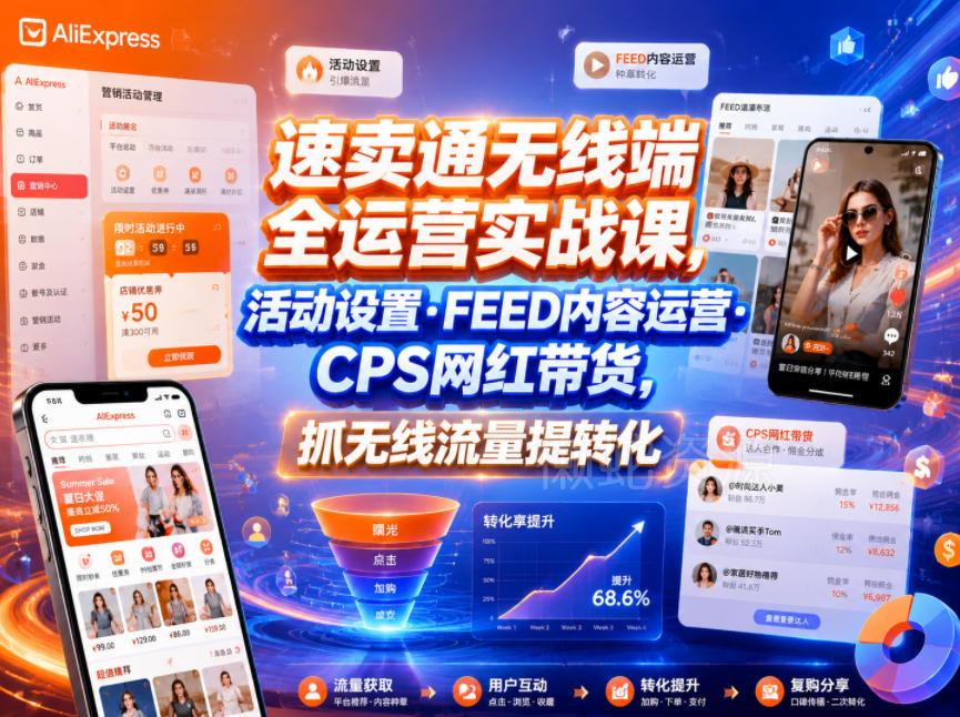 速卖通无线端全运营实战课,活动设置・FEED内容运营・CPS网红带货,抓无线流量提转化