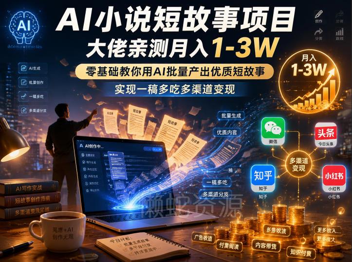 AI小说短故事项目，大佬亲测月入1-3W，零基础教你用AI批量产出优质短故事，实现一稿多吃多渠道变现