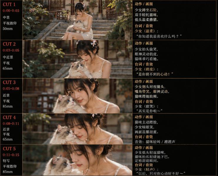 美女和猫故事提示词,人物一致性提示词+故事板