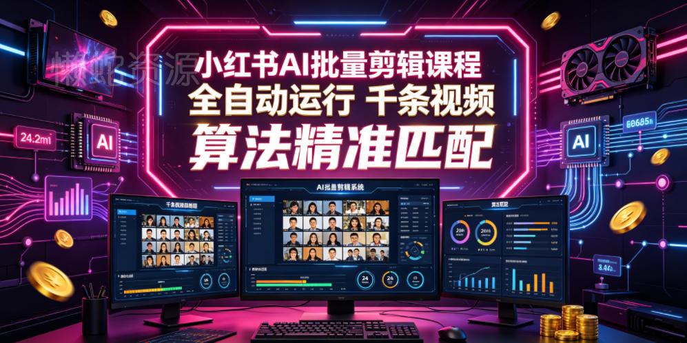 小红书AI批量剪辑课程,24小时全自动运行,解放双手专注运营,千条视频批量处理,小红书算法精准匹配