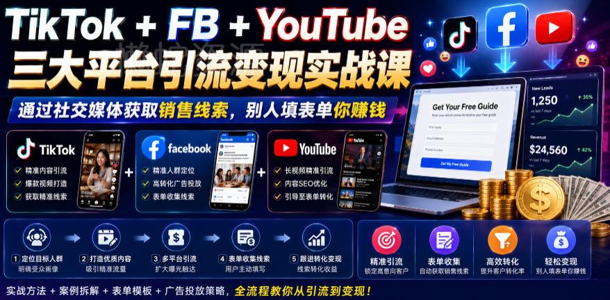 TikTok+FB+YouTube三大平台引流变现实战课,通过社交媒体获取销售线索,别人填表单你賺钱【原创双语字幕】