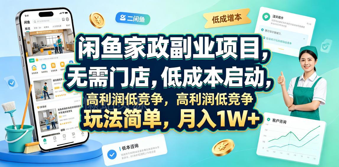 闲鱼家政副业项目，无需门店，低成本启动，高利润低竞争，玩法简单，月入1W+