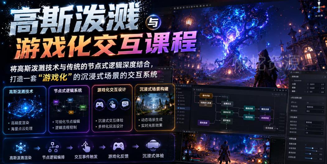 高斯泼溅与游戏化交互课程，将高斯泼溅技术与传统的节点式逻辑深度结合，打造一套“游戏化”的沉浸式场景的交互系统