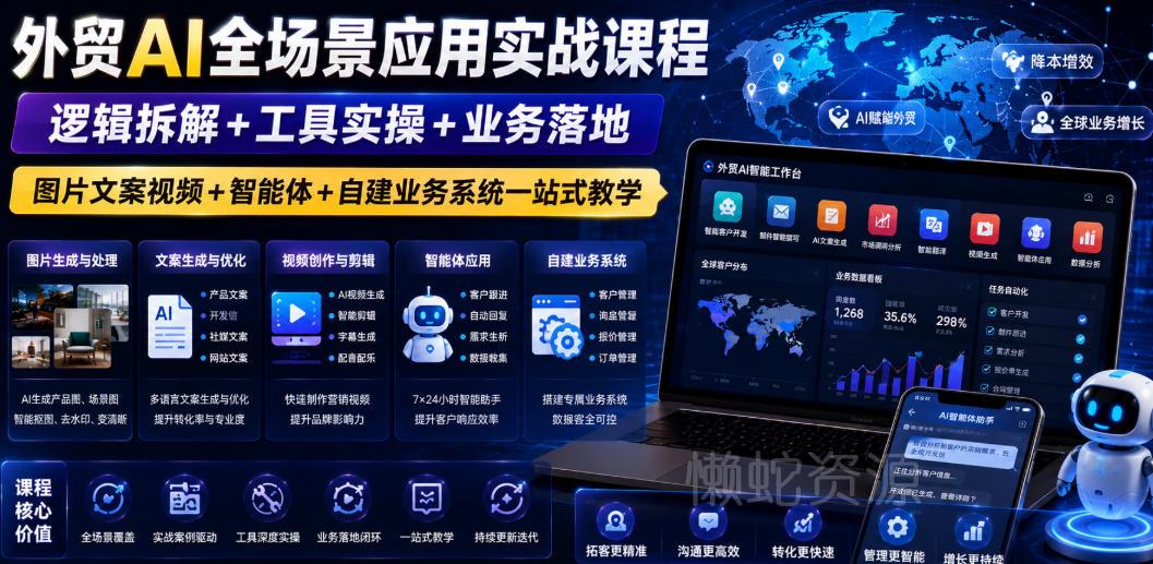 外贸AI全场景应用实战课程｜逻辑拆解+工具实操+业务落地，图片文案视频+智能体+自建业务系统一站式教学