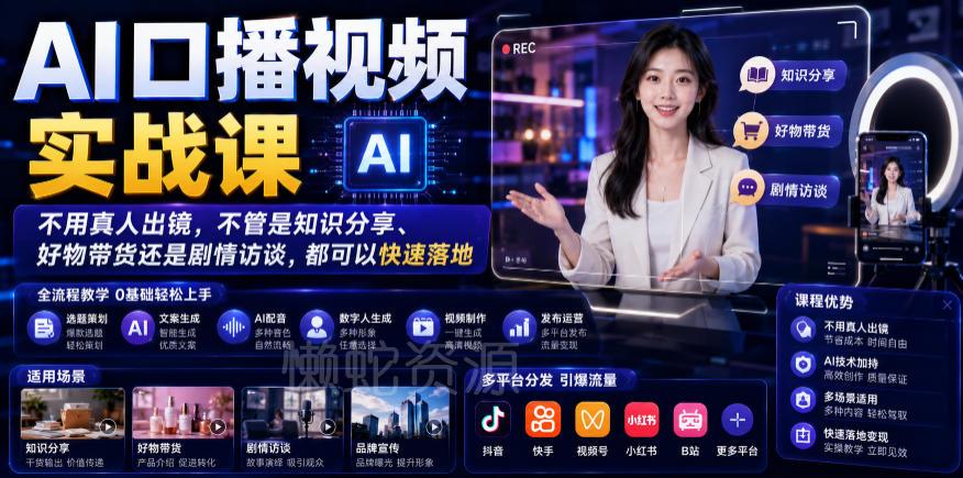 AI口播视频实战课，不用真人出镜，不管是知识分享、好物带货还是剧情访谈，都可以快速落地