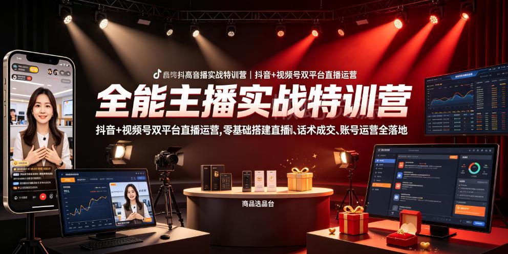 全能主播实战特训营|抖音+视频号双平台直播运营,零基础搭建直播间、精准选品、话术成交、账号运营全落地