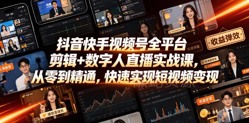 抖音快手视频号全平台剪辑+数字人直播实战课,从零到精通,快速实现短视频变现(更新2026年6月)