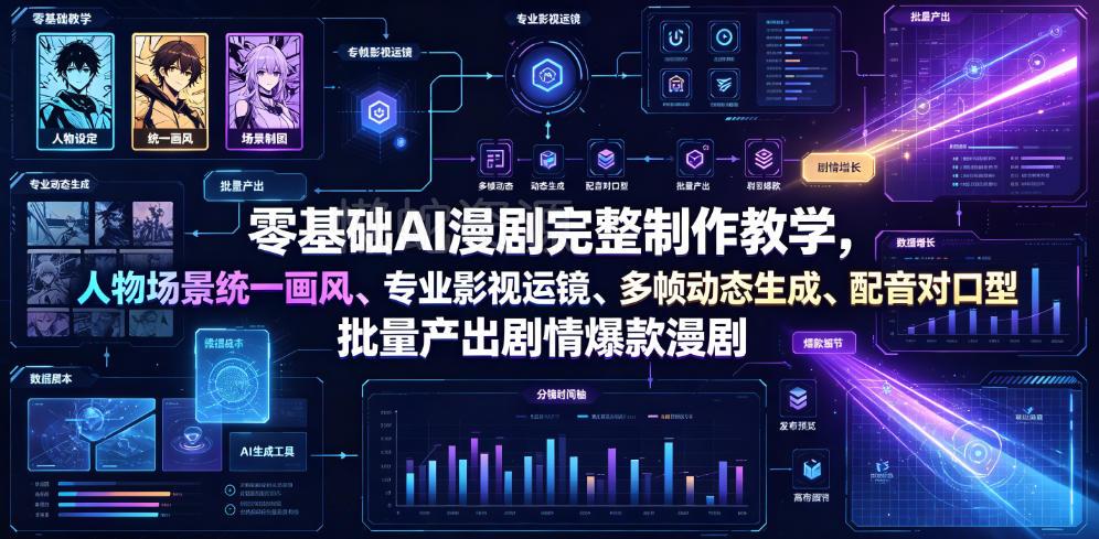 零基础AI漫剧完整制作教学,人物场景统一画风、专业影视运镜、多帧动态生成、配音对口型,批量产出剧情爆款漫剧