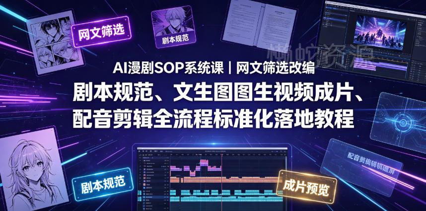 AI漫剧SOP系统课|网文筛选改编、剧本规范、文生图图生视频成片、配音剪辑全流程标准化落地教程