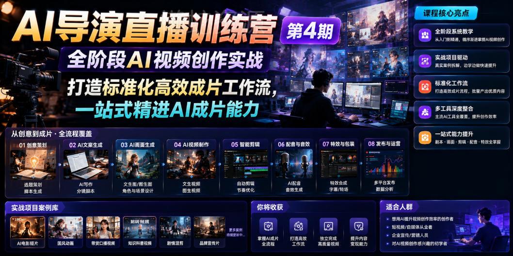 AI导演直播训练营第4期|全阶段AI视频创作实战,打造标准化高效成片工作流,一站式精进AI成片能力